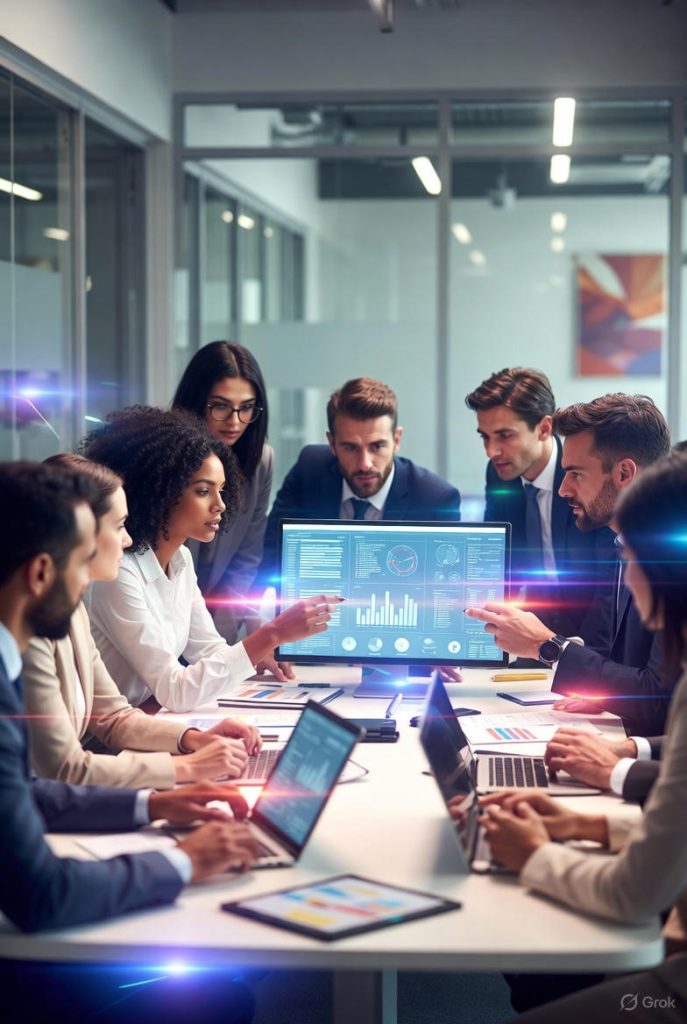 Diverse HR team collaborating with AI tools